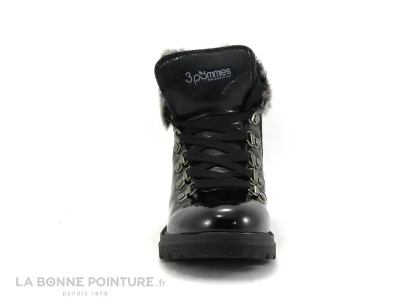 Achat chaussures 3 Pommes Enfant Botte et Bottillon, vente 3 Pommes ACORA Noir - Boots Fille noir verni - Haut fourrure grise