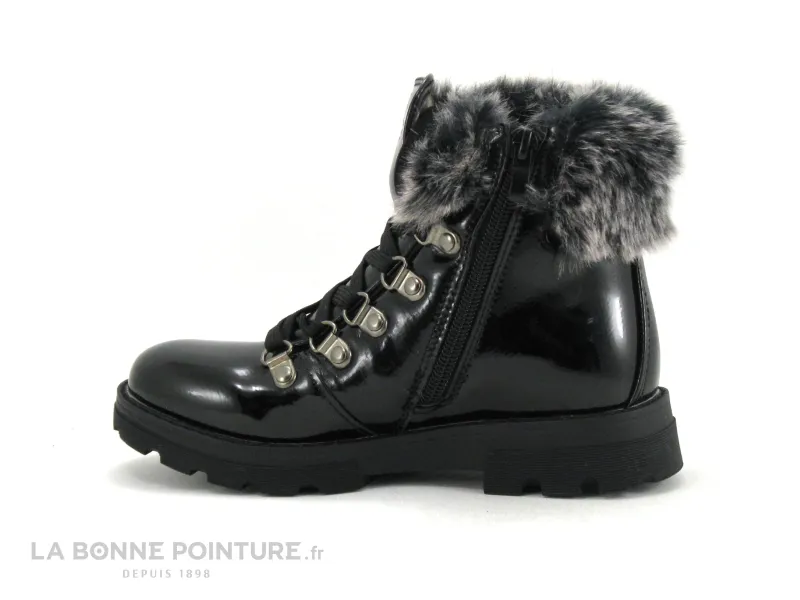 Achat chaussures 3 Pommes Enfant Botte et Bottillon, vente 3 Pommes ACORA Noir - Boots Fille noir verni - Haut fourrure grise