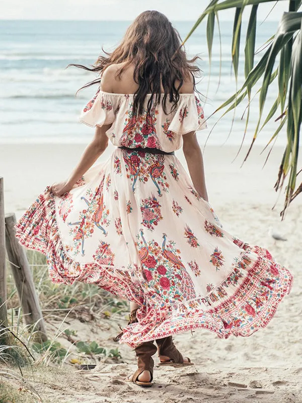 Airchics robe longue tribal col bateau vintage bohème de plage blanche et rouge