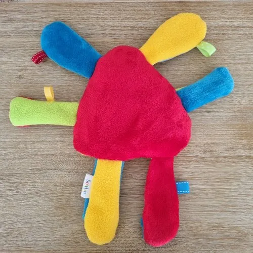 Doudou rigolo en polaire et minkee -  vert, jaune, rouge et bleu- peluche bébé