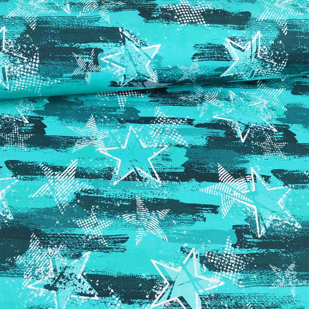 French Terry Sweat d’été Variations sur les étoiles | Glitzerpüppi – bleu aqua