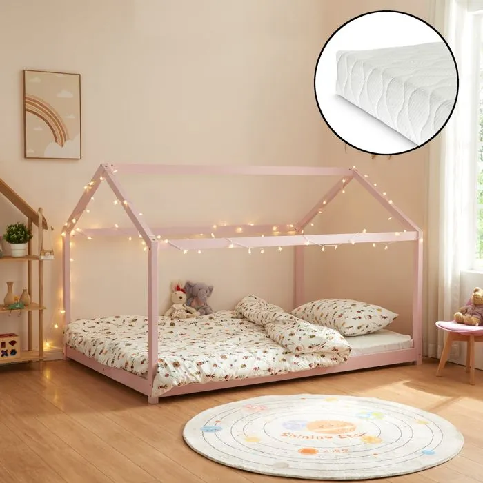 Lit cabane Cerro avec matelas à mousse froid bois de pin contreplaqué 120 x 200 cm rose