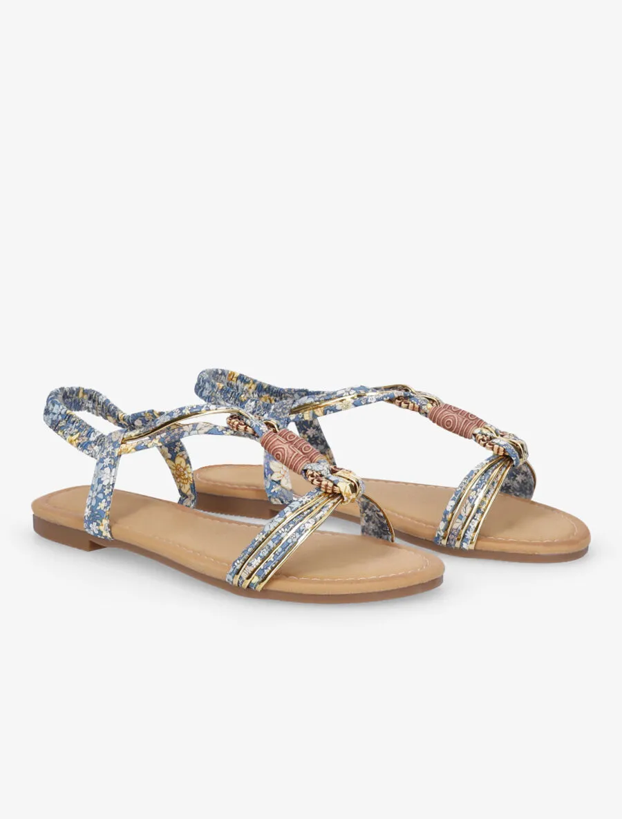 Nu-pieds imprimés à empiècements bois - Bleu
