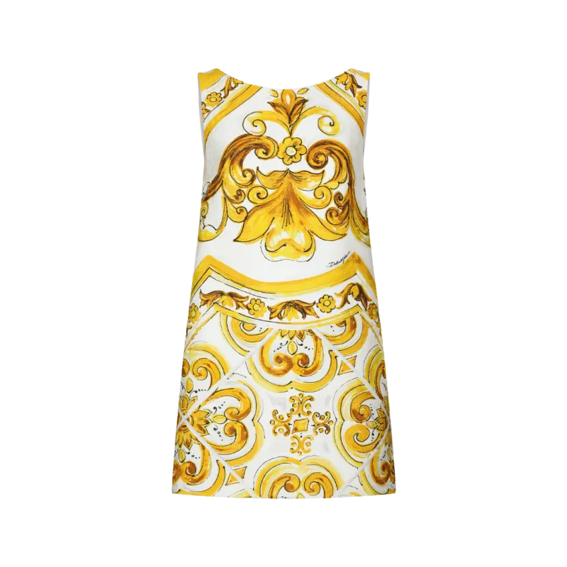 Robe courte col bateau brocart imprimé Majolique jaune