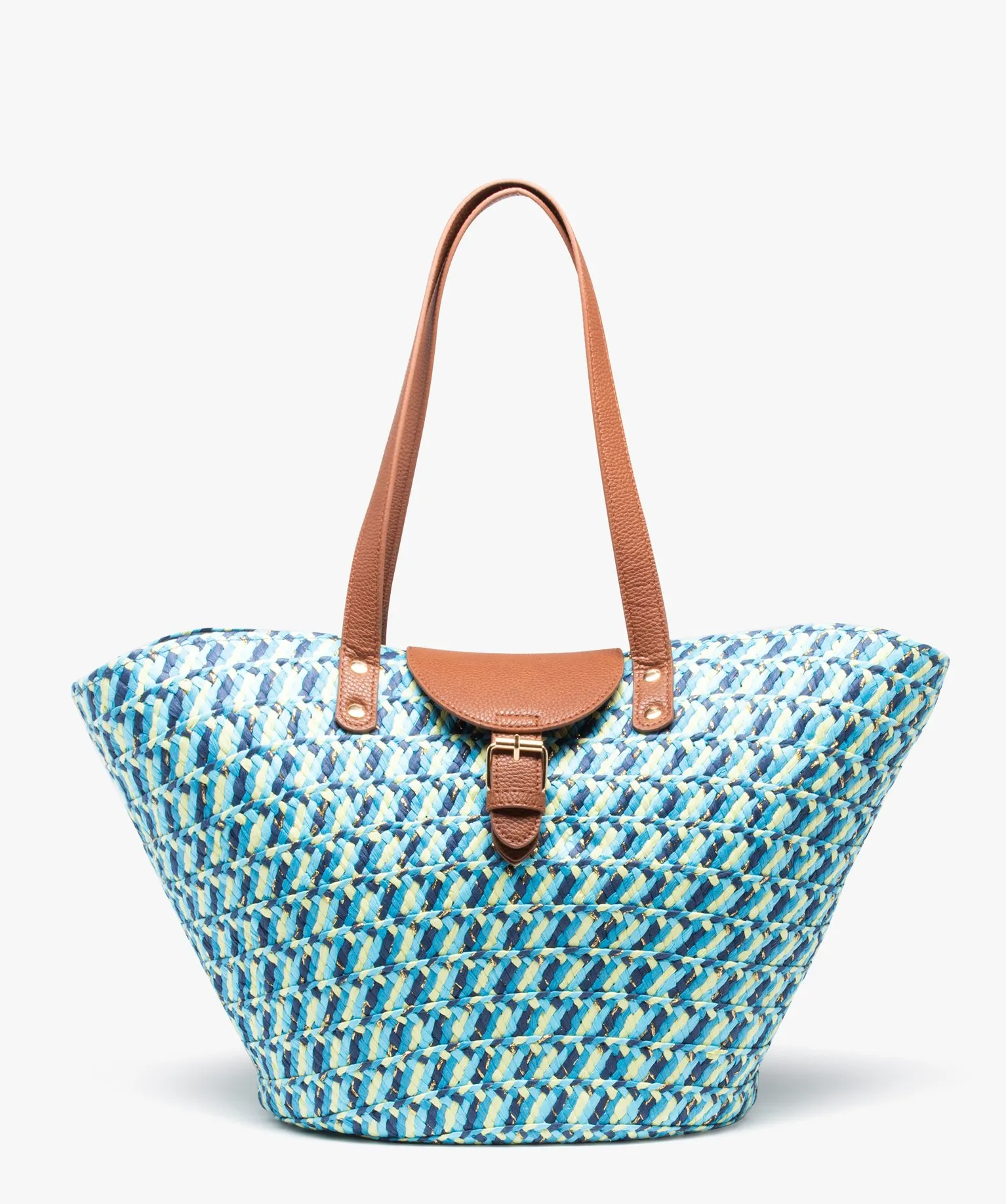 Sac cabas femme en paille multicolore et pailletée bleu