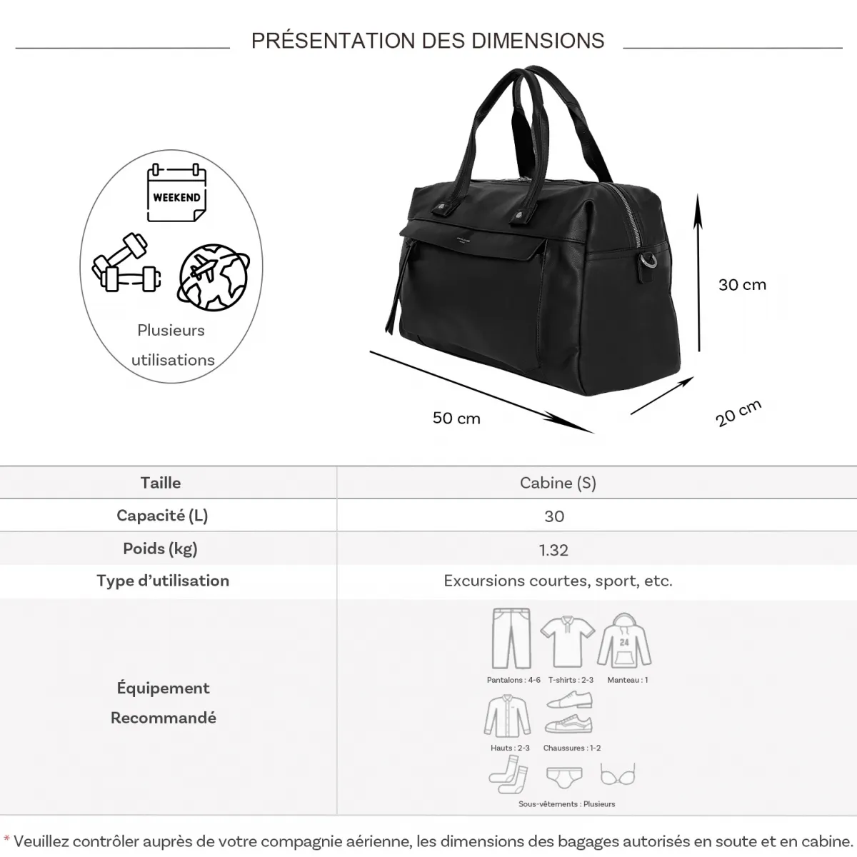 Sac de voyage week-end 30L et sport David Jones 50cm sans roulettes