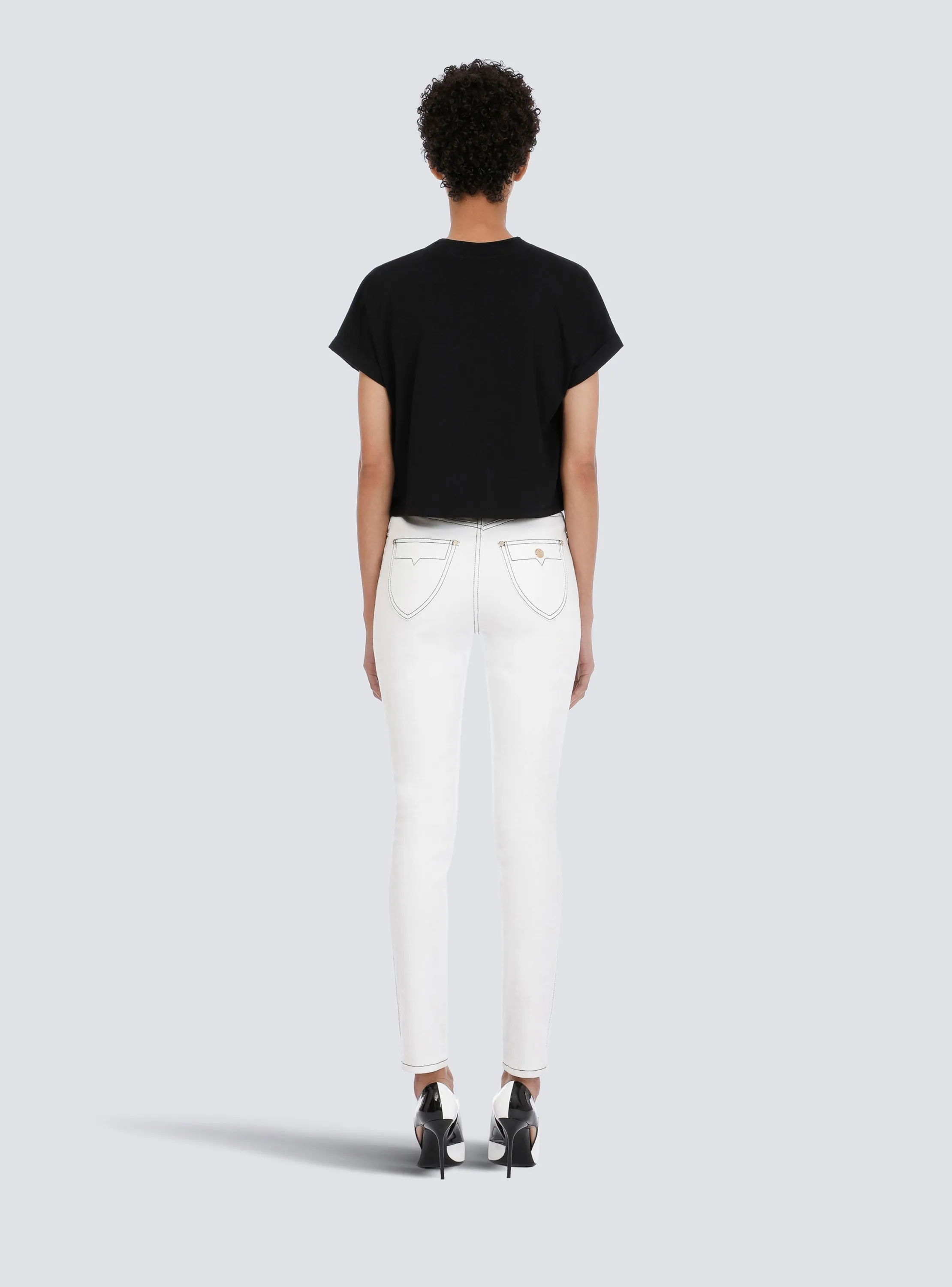 T-SHIRT COURT EN COTON FLOQUé PETIT LOGO - BALMAIN pour FEMME | Printemps